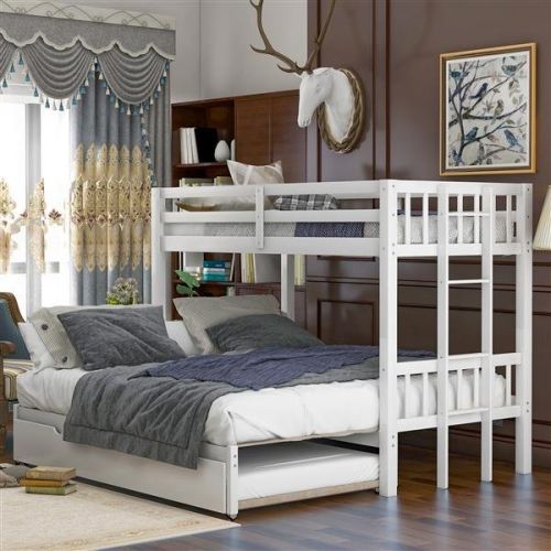 Twin over Pull-out Bunk Bed with Trundle, White Twin over Pull-out Bunk Bed with Trundle, White