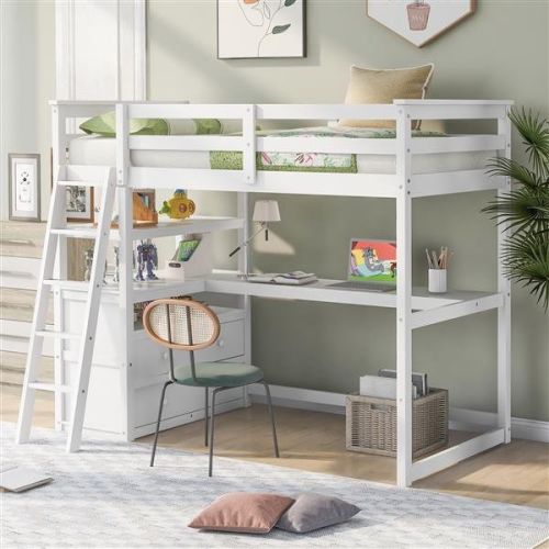 Twin Size Loft Bed with Desk and Shelves, Two Built-in Drawers, White Twin Size Loft Bed with Desk and Shelves, Two Built-in Drawers, White