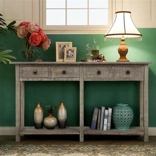 Rustic Brushed Texture Entryway Table Console Table with Drawers and Bottom Shelf for Living Room (Grey Wash) Rustic Brushed Texture Entryway Table Console Table with Drawers and Bottom Shelf for Living Room (Grey Wash)