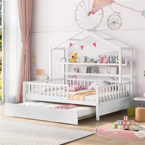 Wooden Full Size House Bed with Twin Size Trundle,Kids Bed with Shelf, White Wooden Full Size House Bed with Twin Size Trundle,Kids Bed with Shelf, White
