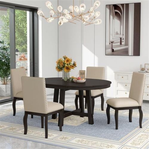 5-Piece Farmhouse Dining Table Set Wood Round Extendable Dining Table and 4 Upholstered Dining Chairs (Espresso) 5-Piece Farmhouse Dining Table Set Wood Round Extendable Dining Table and 4 Upholstered Dining Chairs (Espresso)