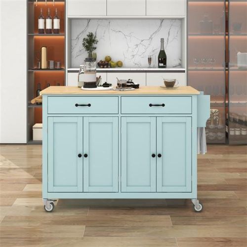 Kitchen Island Cart with 4 Door Cabinet and Two Drawers and 2 Locking Wheels - Solid Wood Top, Adjustable Shelves, Spice & Towel Rack(Mint Green) Kitchen Island Cart with 4 Door Cabinet and Two Drawers and 2 Locking Wheels - Solid Wood Top, Adjustable Shelves, Spice & Towel Rack(Mint Green)